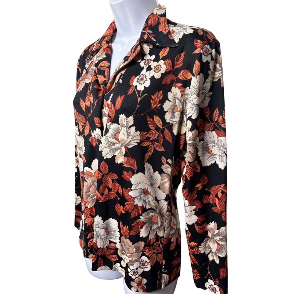 VTG 70s TEDDI OF CALIFORNIA Womens Black Floral Blouse Sz M Disco-Retro Kitsch